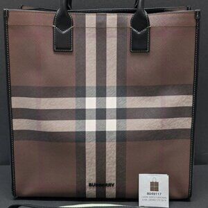 BURBERRY Dark Birch Denny Top Handle Large TOTE BAG Brown Checked Authentic